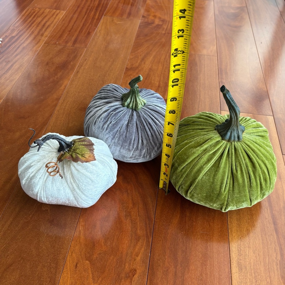 Cute Velvet Pumpkin Decor Set - Green, Gray, White Fall Harvest Thanksgiving - Picture 11 of 12